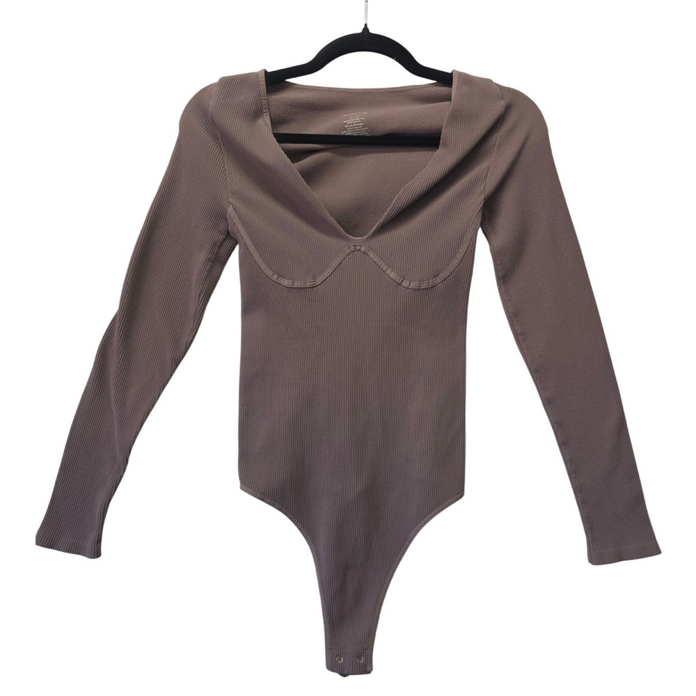 Free People Intimately Ribbed V-Neck Long Sleeve Bodysuit Mauve Brown L/XL
